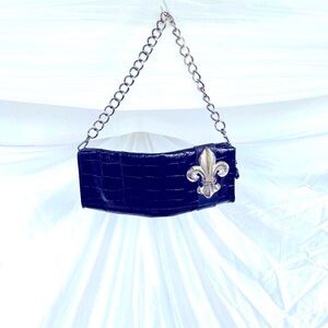LeatherRock Leather Black and Fleur-de-Lys Crystal Clutch w/ Chain Strap